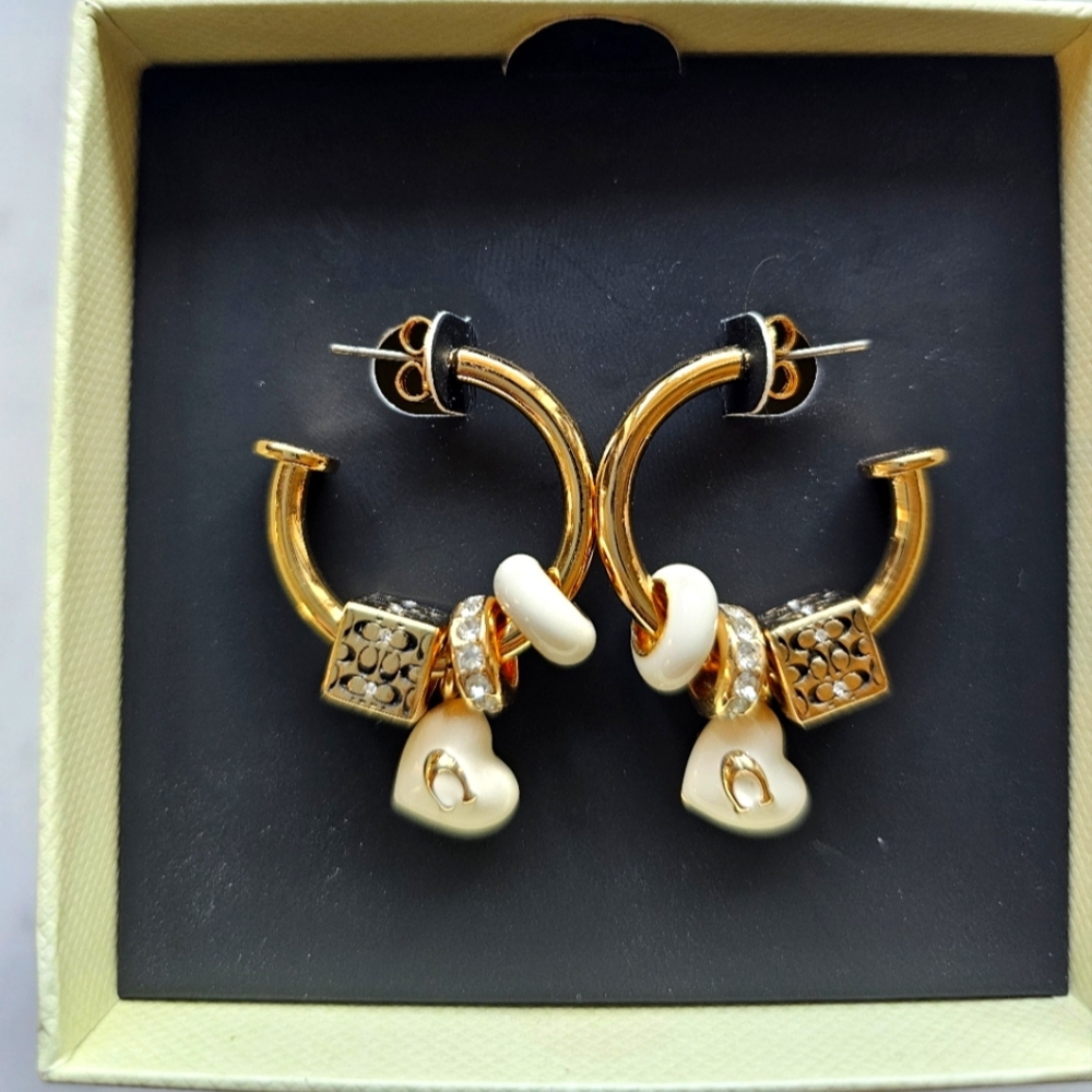 COACH Womens Signature Enamel Heart Charm Hoop Earrings
